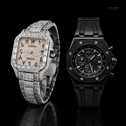 Luxury Statement Watch Duo – Silver Baguette Full Iced Automatic And Black Chronograph Watch