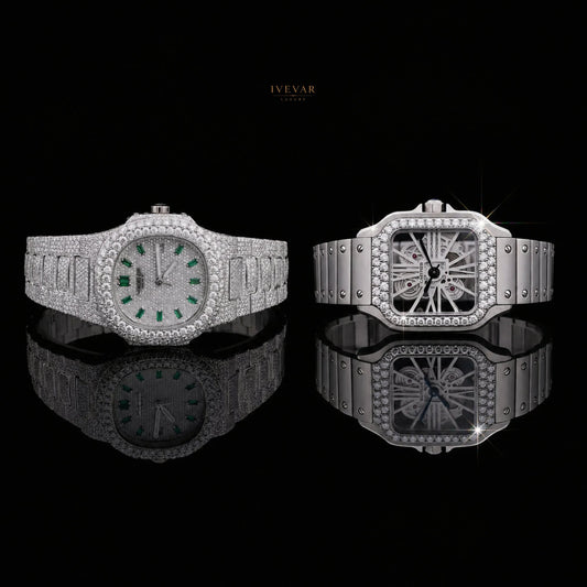 Premium Iced-Out Watch Set – Full Crystal Watch and Skeleton Automatic Timepiece By Ivevar