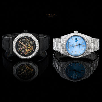 Luxury Black Skeleton And Ice Blue Crystal Watch Set Men's Watch Collection By Ivevar
