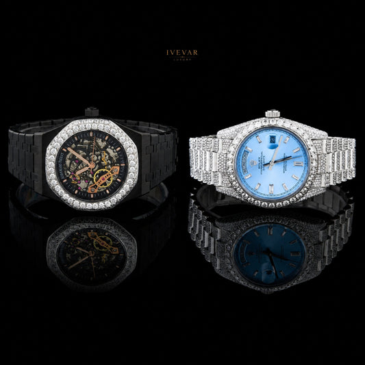 Luxury Black Skeleton And Ice Blue Crystal Watch Set Men's Watch Collection By Ivevar