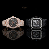 Luxury Black Leather Band Bezel Statement Watch With Rose Gold Ice Out Watch For Men's By Ivevar