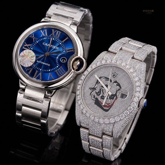 Blue Dial Automatic Watch And Full Ice Out Diamond Luxury Watch Duo