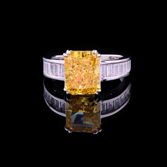 1.5 CT Radiant Cut Yellow Moissanite Diamond with Baguette Cut Side Diamond Accents Band For Surprise