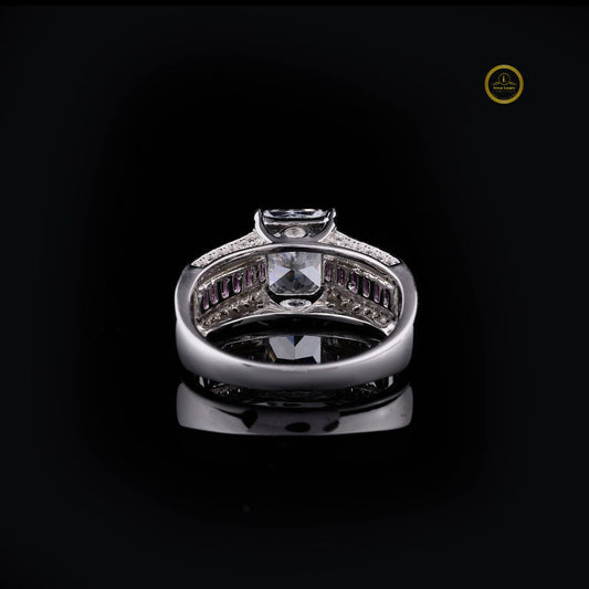 Radiant Cut Moissanite Diamond Ring With Three Row Pink Gemstone Band