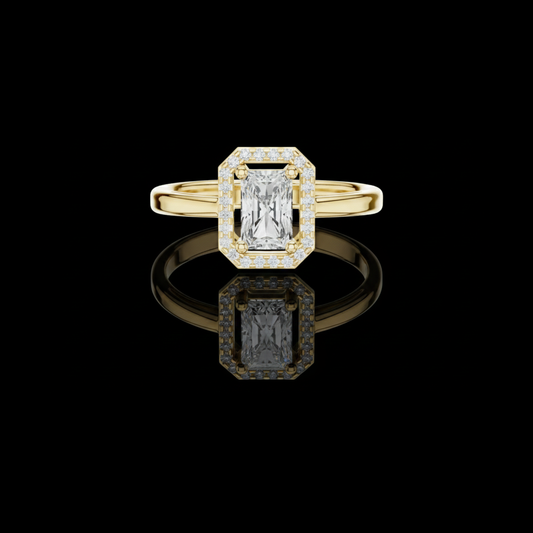1.23 CT Stunning Lab Grown Ring Featuring a Radiant Cut Center Stone Surrounded by a Diamond Halo