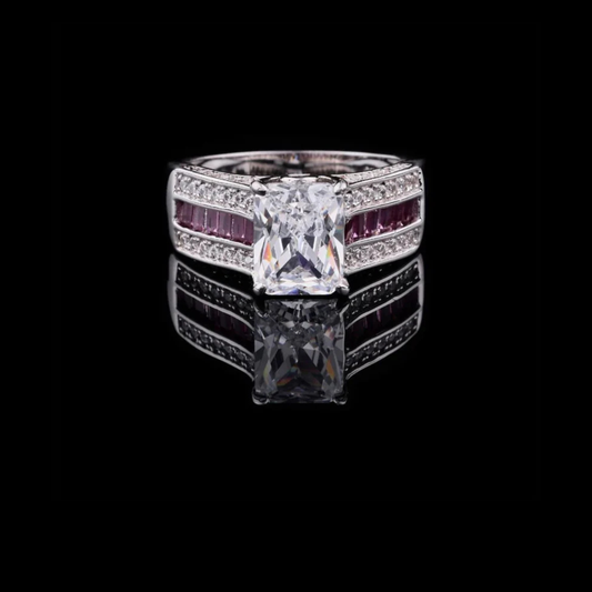 Radiant Cut Moissanite Diamond Ring With Three Row Pink Gemstone Band