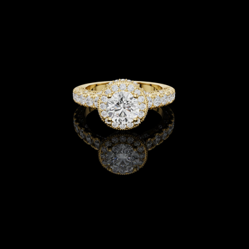 1.08 TCW Round Moissanite Diamond Ring With Pavé Halo Sparkle And Milgrain Accented Diamond Band