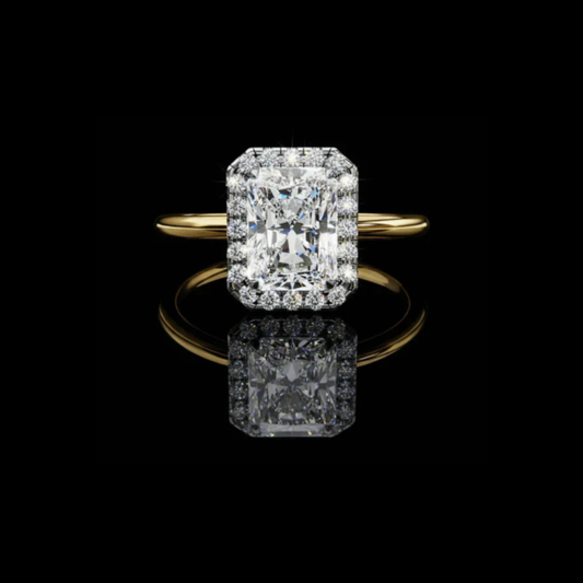 Radiant Cut Halo Moissanite Diamond Engagement Ring with Slim Solitaire Band