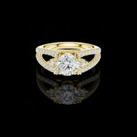 Round Moissanite Diamond Split Shank Ring with pave