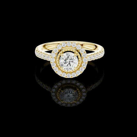 0.53 CT Glamorous Round Cut Halo Lab Diamond Ring in Luxe Gold with Pave Set Band For Love