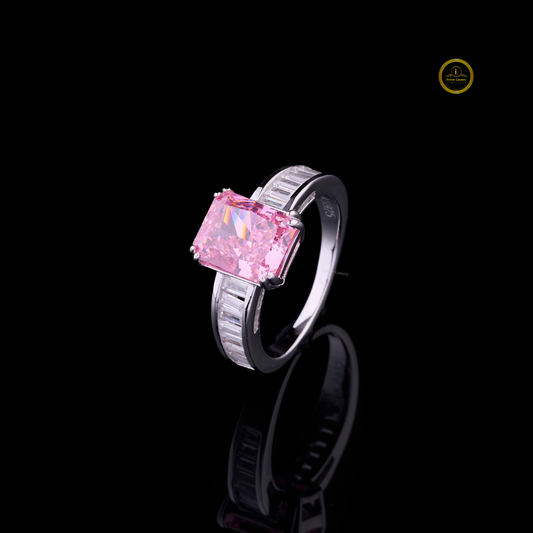 Fancy Vivid Pink Radiant Moissanite Diamond Ring With Baguette Channel Accents