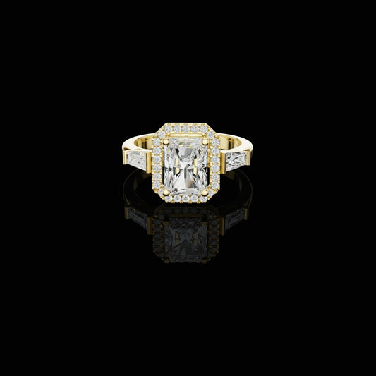 2.00 CT Iconic Moissanite Radiant Cut Halo Baguette Side Diamonds Prestige Engagement Ring