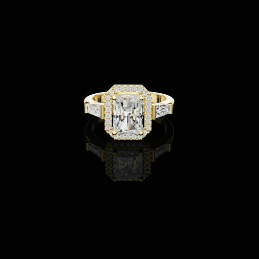 Radiant Cut Halo Lab Grown Diamond Ring with trapezoid Baguette Side Stones