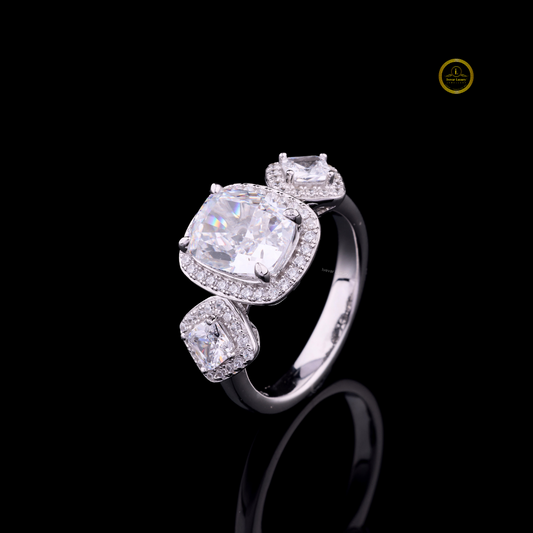 Cushion Cut Halo With Moissanite Diamond Three Stone Ring