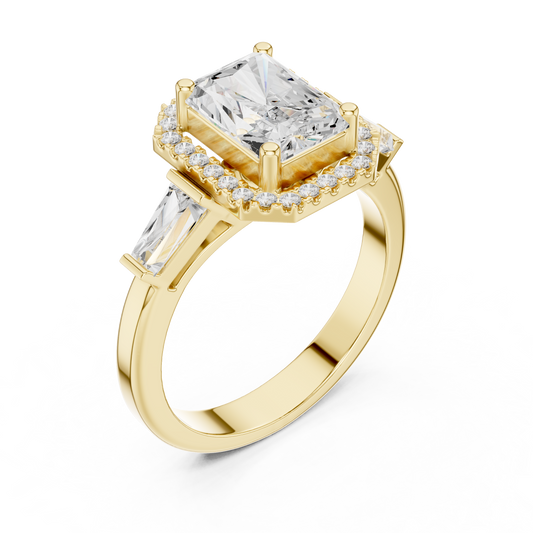 Radiant Cut Halo Lab Grown Diamond Ring with trapezoid Baguette Side Stones
