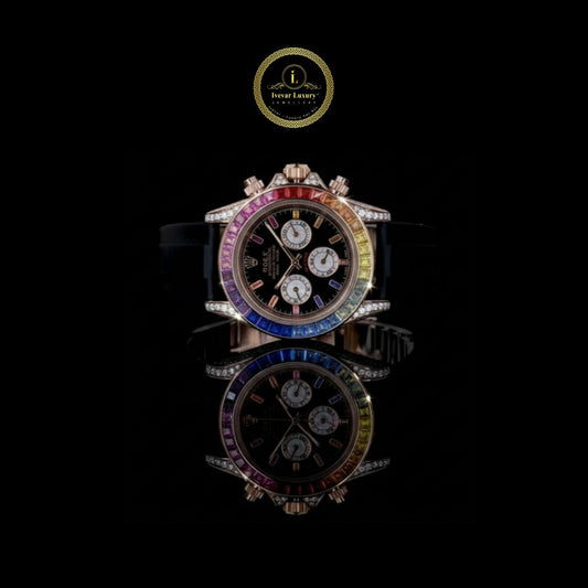 Rainbow Sapphire Bezel Chronograph Watch with Black Rubber Strap