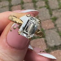 Emerald Cut Moissanite Diamond Halo Engagement Ring with Engraved Band