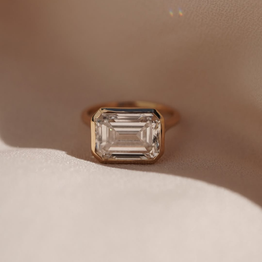 East West Lab Grown Emerald Bezel Set Wedding Ring