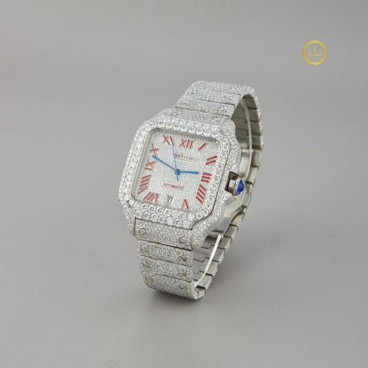 Full Iced Out Diamond Square Watch with Red Roman Numerals & Pavé Bracelet