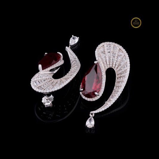 Swirl Red Gemstone Pear Drop Earrings with Pavé Moissanite Diamond Accents