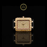 Yellow Gold Rectangular Watch with Baguette Cut Diamond Bezel & Pave Dial