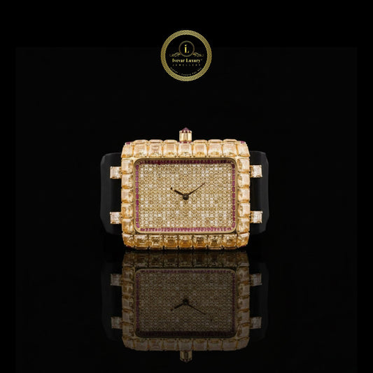 Yellow Gold Rectangular Watch with Baguette Cut Diamond Bezel & Pave Dial