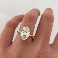 3.00 TCW Ethereal Oval Old Mine Cut Lab Diamond Solitaire Ring with Feather Slim Gold Prong Band