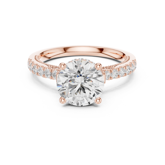 Round Brilliant Moissanite Diamond Engagement Ring With Pave Band
