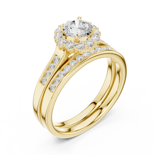 Round Cut Halo Moissanite Diamond Bridal Ring Set with Pavé Bands