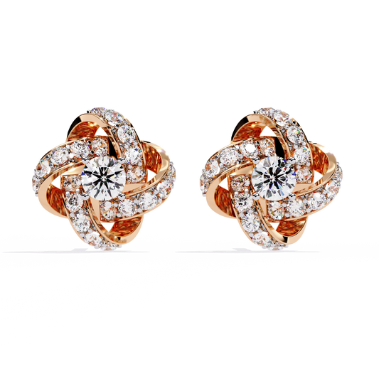 Intricate Floral Swirl Round Cut Lab Diamond Stud Earrings in Luxurious Gold Setting