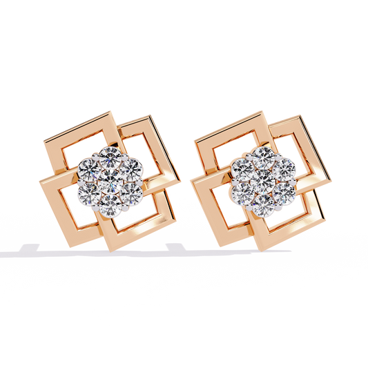 Geometric Square Motif Round Lab Diamond Earrings with Brilliant Center Cluster Design