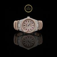 Full Iced Out Two-Tone Diamond Watch with Ruby Markers & Rope Link Band