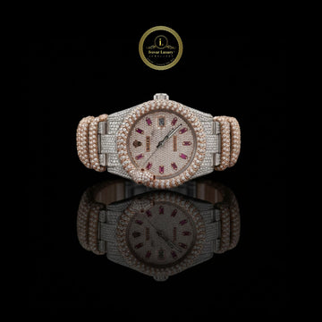 Full Iced Out Two-Tone Diamond Watch with Ruby Markers & Rope Link Band