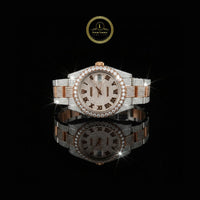 Full Iced Out Two-Tone Rose Gold Diamond Day-Date Watch with Pavé Dial & Roman Numerals