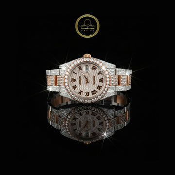 Full Iced Out Two-Tone Rose Gold Diamond Day-Date Watch with Pavé Dial & Roman Numerals