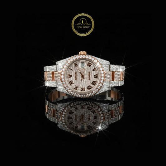Full Iced Out Two-Tone Rose Gold Diamond Day-Date Watch with Pavé Dial & Roman Numerals