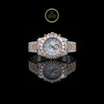Full Iced Out Two-Tone Diamond Watch with Large Diamond Bezel & Multi-Function Dial