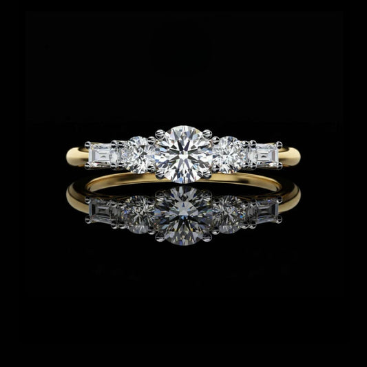 Round Five Stone Lab Grown Diamond Ring with Baguette Side Stones