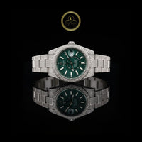 Prestige Iced-Out Diamond Silver Watch with Bold Green Face and Date Display