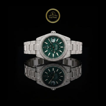 Prestige Iced-Out Diamond Silver Watch with Bold Green Face and Date Display