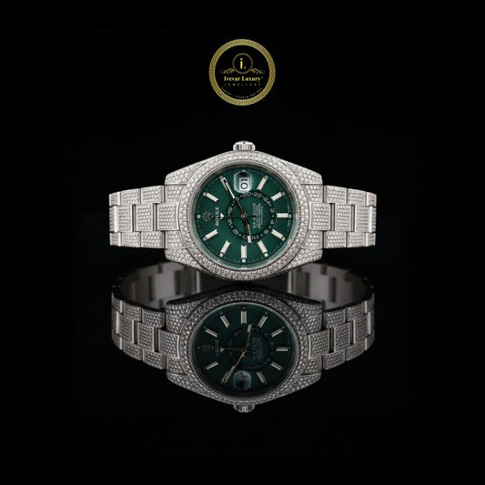 Prestige Iced-Out Diamond Silver Watch with Bold Green Face and Date Display