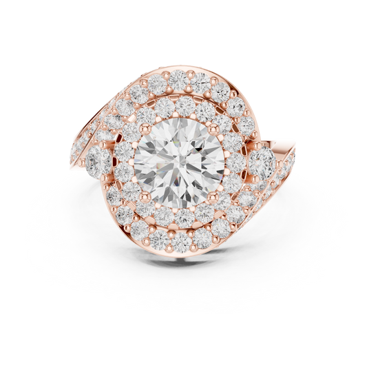 Round Cut Moissanite Diamond Swirl Double Halo Engagement Ring