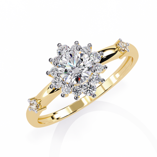 Round Cut Lab Grown Diamond Floral Halo Engagement Ring with Diamond Accents