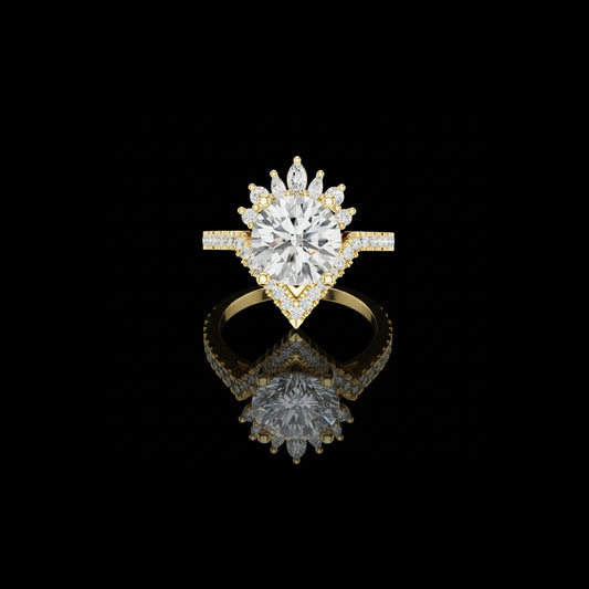 2.10 CT Regal Crown Halo and Pave Band Round Moissanite Diamond Ring in Gold For Pure Love