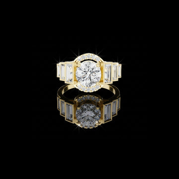 2.00 CT Bold Geometry Round Moissanite Diamond Ring with Baguette Side Frames For Stillness