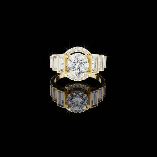 2.00 CT Bold Geometry Round Moissanite Diamond Ring with Baguette Side Frames For Stillness