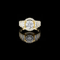 Round Halo Moissnite Diamond Ring with Tapered Baguette Side Stones