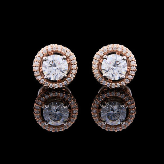 1.50 TCW Luxury Double Halo Rose Gold Moissanite Stud Earrings with Round Brilliant Cut Center Stones