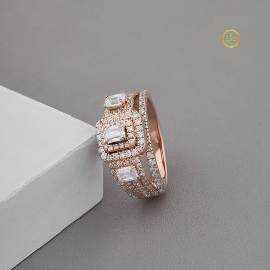 Three Stone Emerald Cut Moissanite Diamond With Double Halo Anniversary Ring