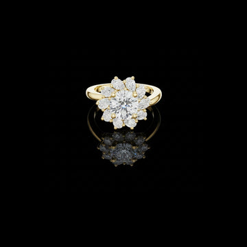 1.5 CT Classic Floral Crown Round Moissanite Diamond Ring in Gold with Petal Cluster Halo For Her